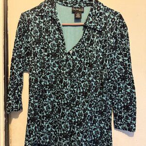 Style & Co. Blue Floral V-Neck Top Shirt Blouse 3/4 Sleeve Size 1XL (128)